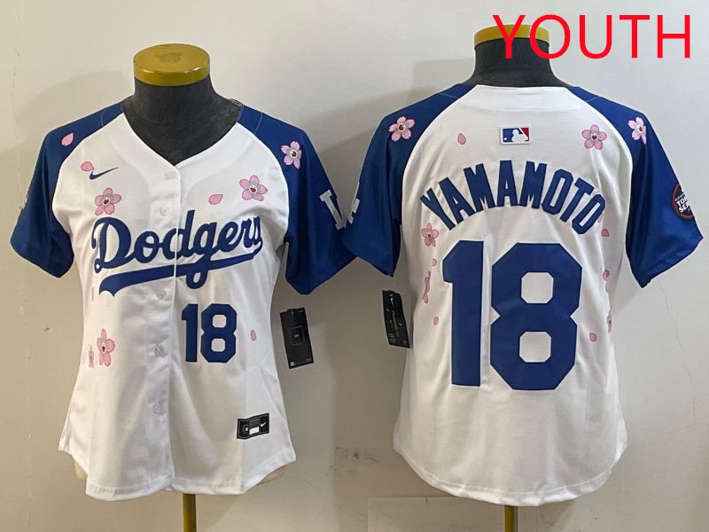 Youth Los Angeles Dodgers #18 Yamamoto White Blue Sakura Edition 2025 Nike MLB Jersey style 7